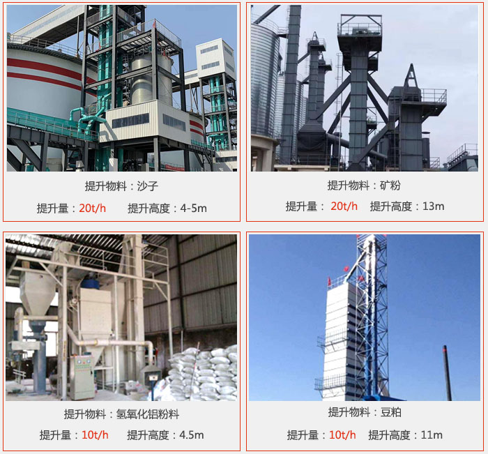 斗式提升机用户使用现场图片：提升沙子提升量：20t/h提升高度：4-5m提升物料：矿粉提升量：20t/h提升高度：13m提升物料：氢氧化铝粉料 提升量：10t/h提升高度：4-5m提升物料：豆粕提升量：10t/h提升高度：11m